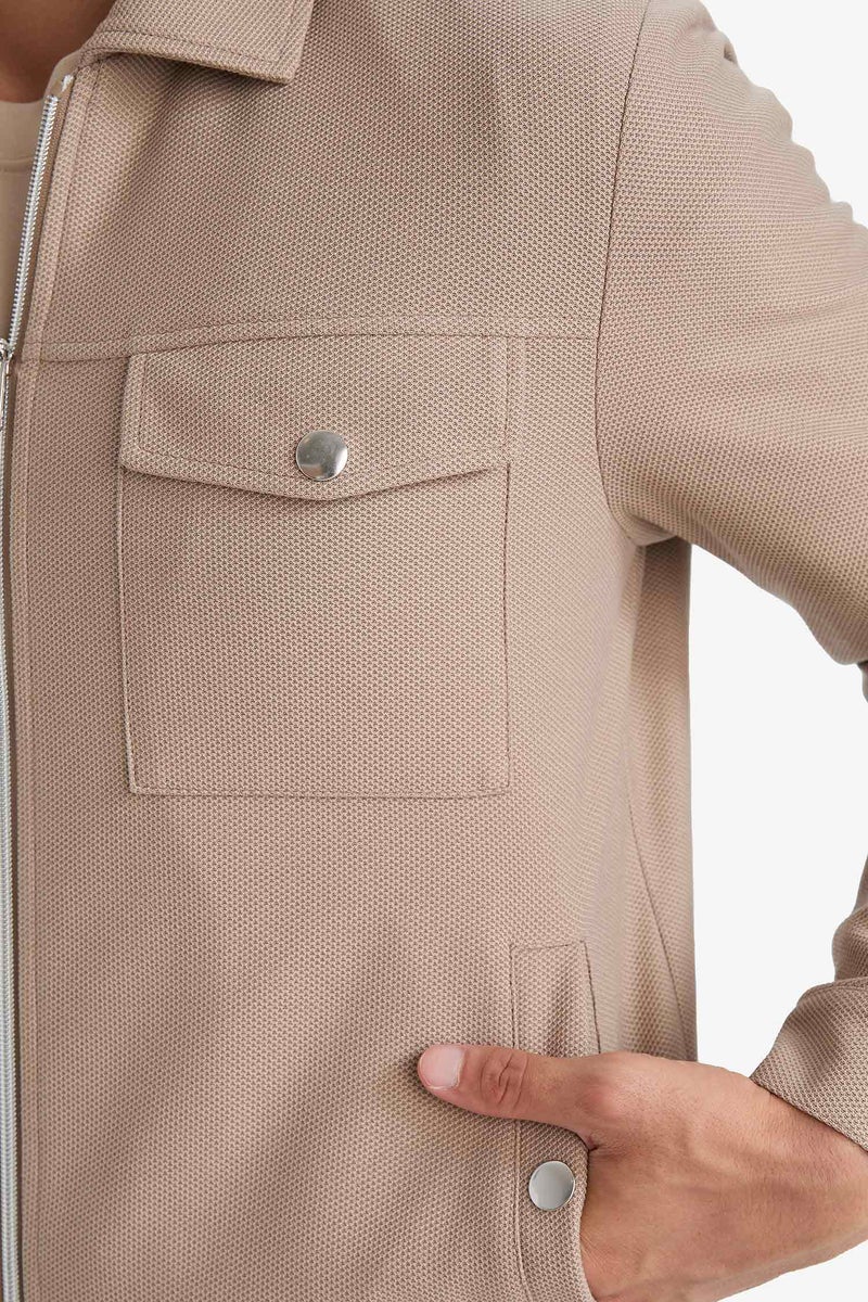 DeFacto Beige Man Slim Fit Polo Collar Lined Zip-Up Jacket Casual - Image 5